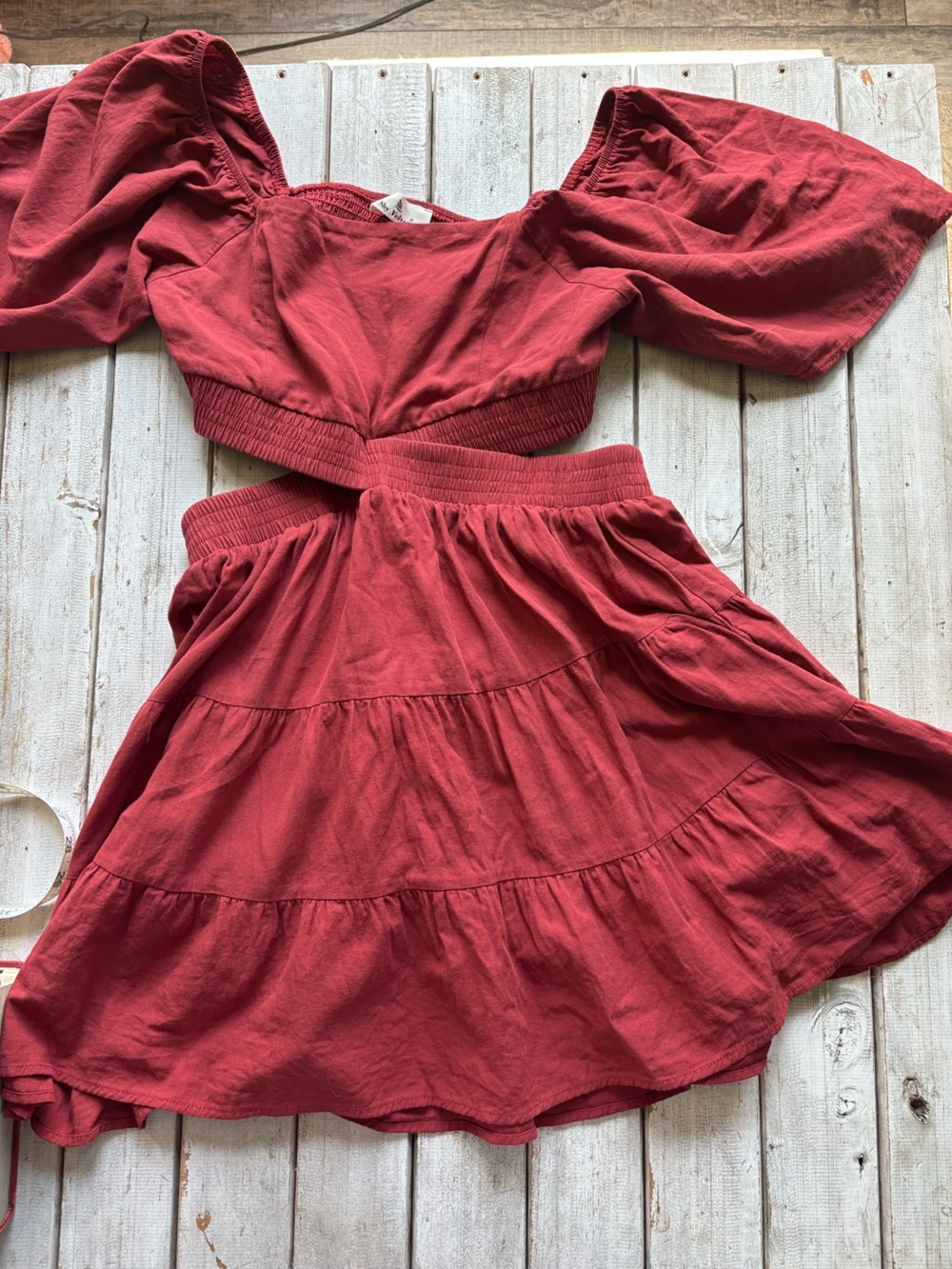 Shy Velvet Puff Sleeve Cutout Mini Dress Brick Red XL